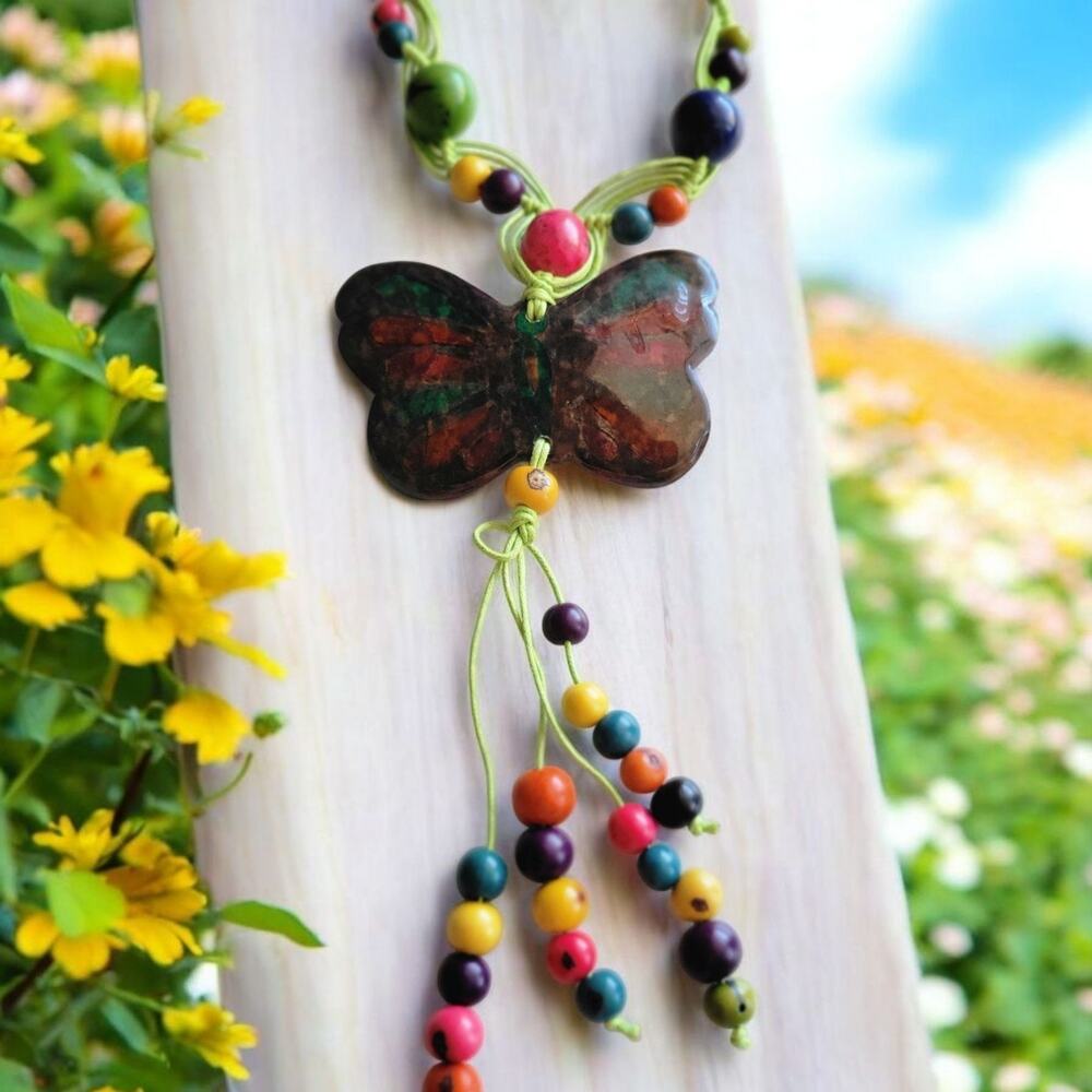 Rainbow Butterfly Tagua Necklace Spring Fashion whymsical artsy jewel by Allie